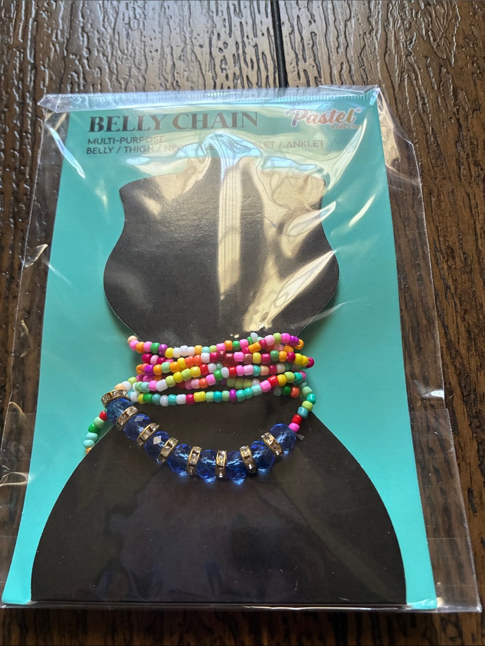 Pastels Bright Multi-Color Beaded Belly Chain with Blue Crystal Strand